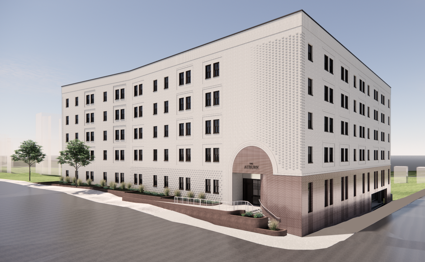 Exterior rendering of The Arc, white brick 5 stories